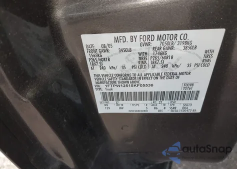 2005 Ford F-150 Lariat/Xlt из США, поврежденный, VIN 1FTPW12515KF05536